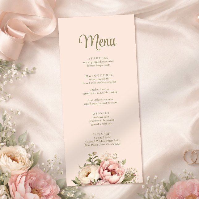 Menu de mariage floral rose poudré (Dusty Blush Floral Wedding Menu on a soft silk with blush and pink peonies)