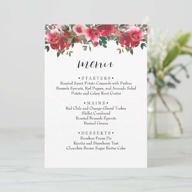 Menu de mariage floral rose rouge aquarelle (Debout devant)
