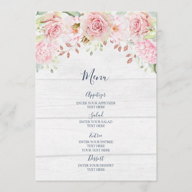 Menu de mariage floral rose rustique de printemps (Devant)