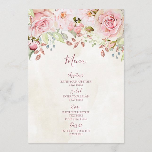 Menu de mariage floral rose vintage printemps (Devant)