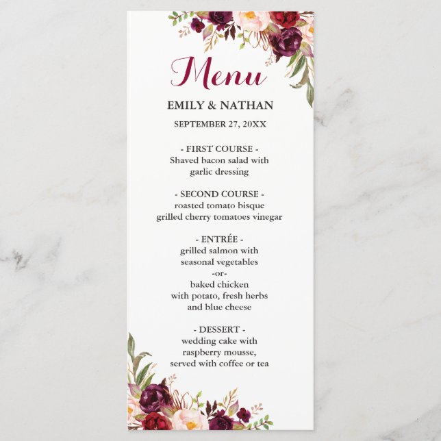 Menu de mariage floral rouge Bourgogne (Devant)