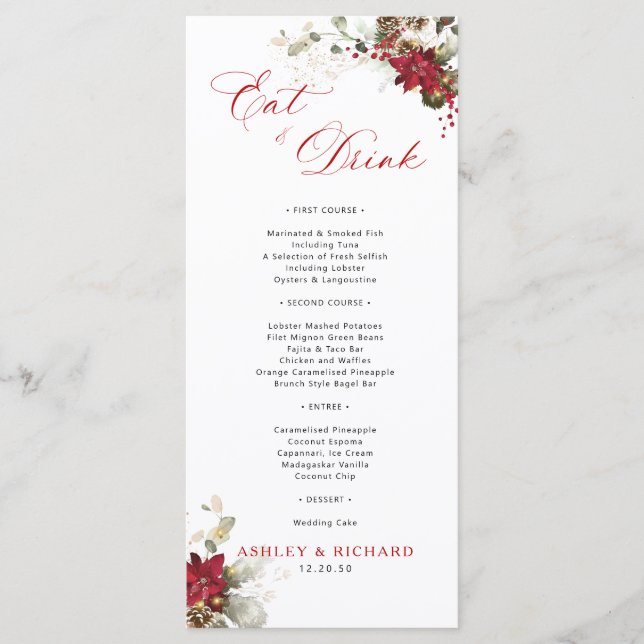 Menu de mariage floral rouge de Noël (Devant)