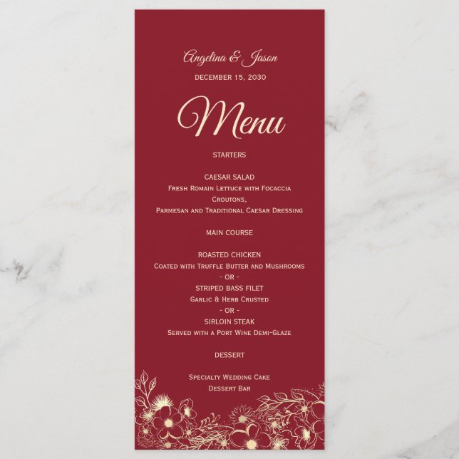Menu de mariage floral rouge élégant (Devant)