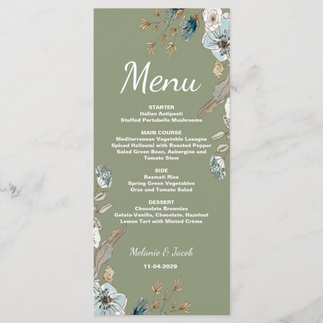 Menu de mariage floral Sage rustique 4x9 plat (Devant)