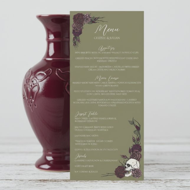Menu de mariage floral sombre vert olive gothique (Elegant Gothic Olive Gree Dark Floral Skull and Roses Wedding Menu for Hallowedding or Gothic Dinner)
