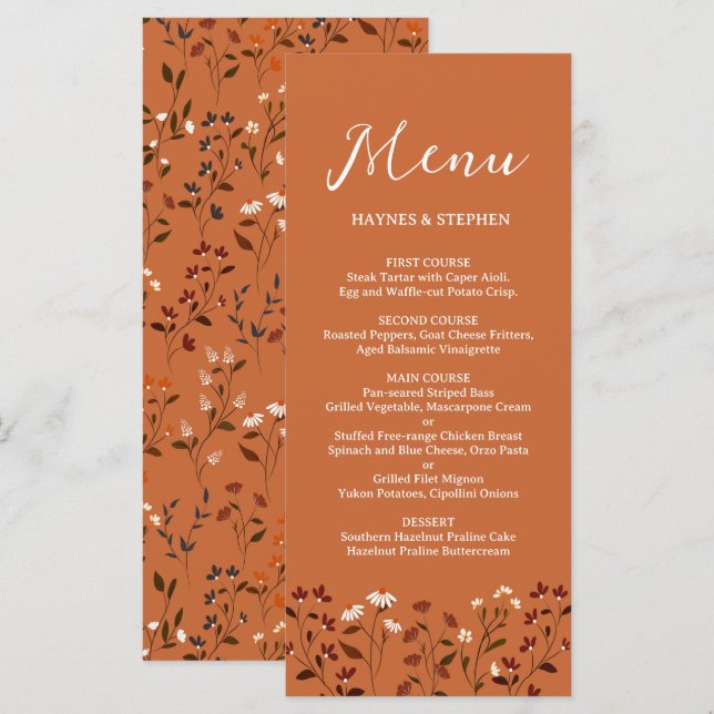 Menu de mariage floral terracotta rustique (Devant / Derrière)