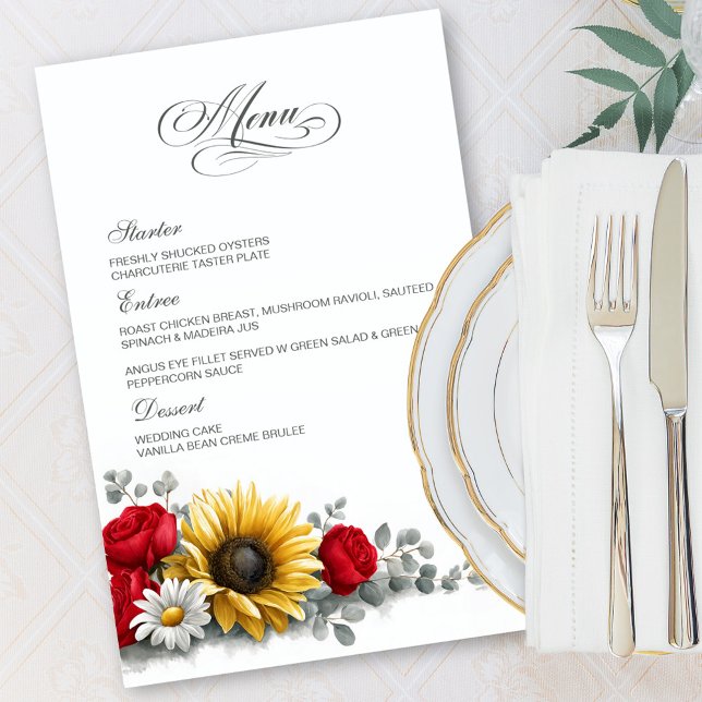 Menu de mariage floral tournesol et rose rouge (Créateur téléchargé)