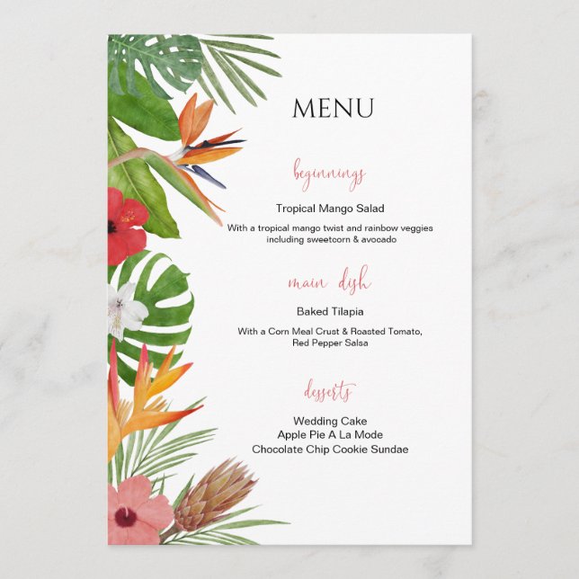 Menu de mariage floral tropical coloré (Devant)