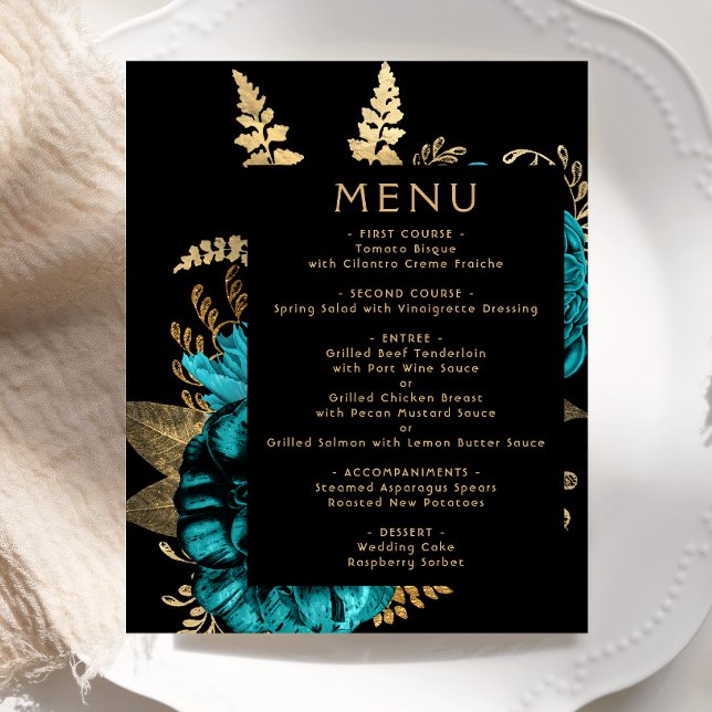 Menu de mariage floral turquoise et or sur budget  (Créateur téléchargé)
