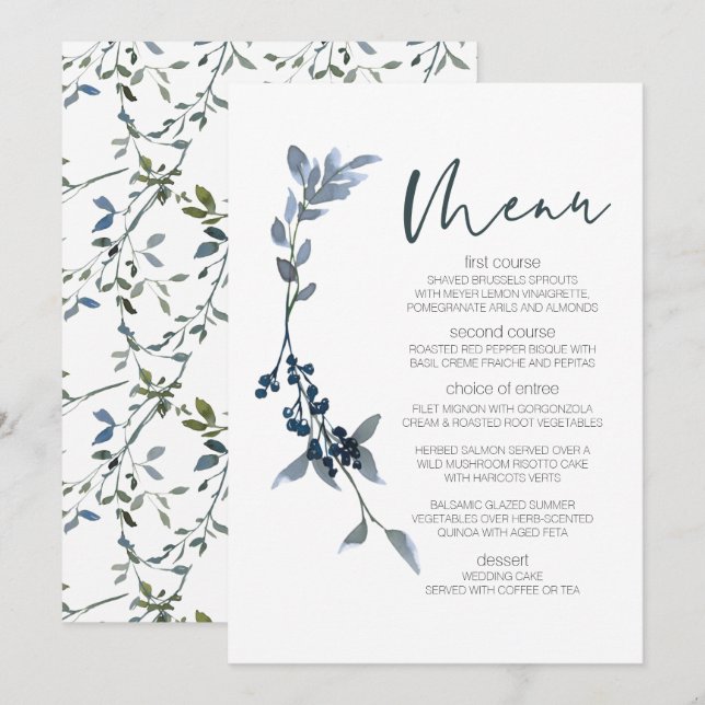 Menu de mariage floral vert argenté de sauge (Devant / Derrière)