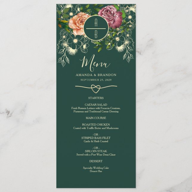 Menu de mariage floral vert émeraude (Devant)