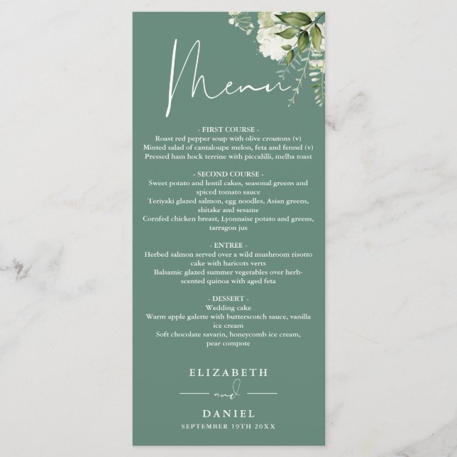 Menu de mariage floral vert eucalyptus Monogramme  (Devant)