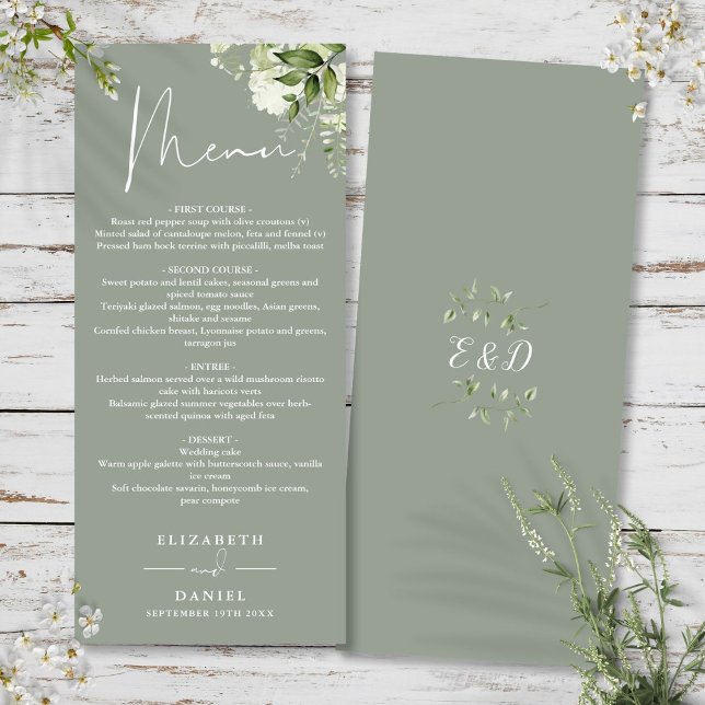 Menu de mariage floral vert sauge avec monogramme  (Sage Green Floral Greenery Monogram Wedding Dinner Menu)