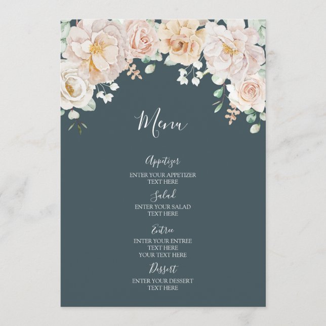 Menu de mariage floral vintage bleu marine (Devant)