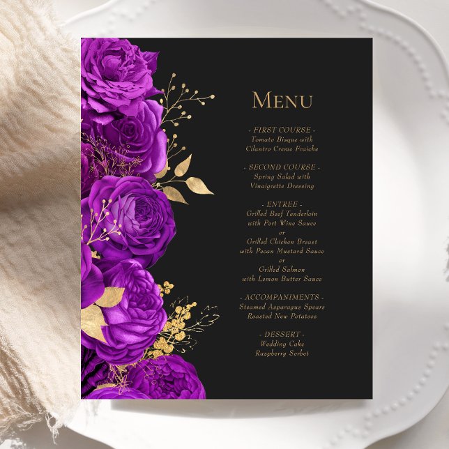 Menu de mariage floral violet or foncé Budget (Créateur téléchargé)