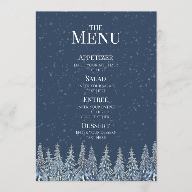 Menu de mariage forestier rustique bleu en hiver (Devant)