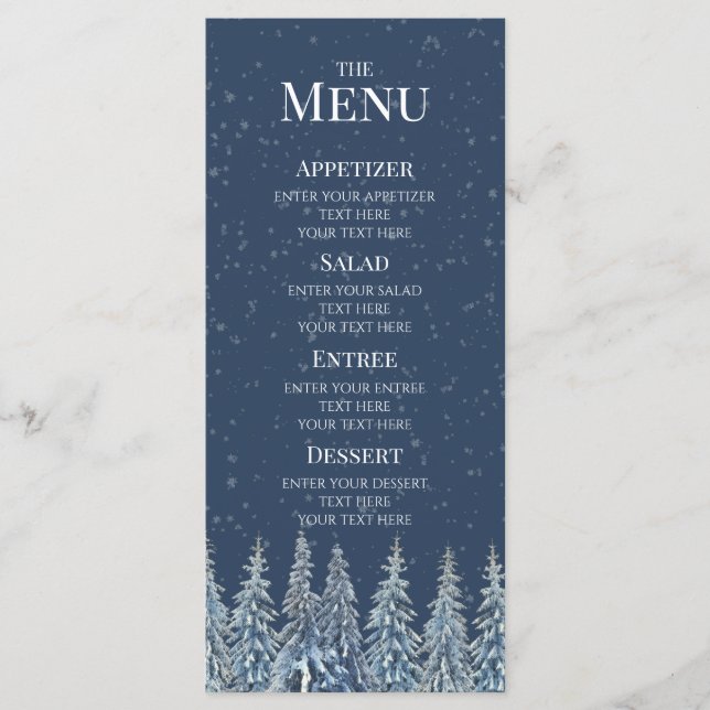Menu de mariage forêt hivernale rustique bleu (Devant)