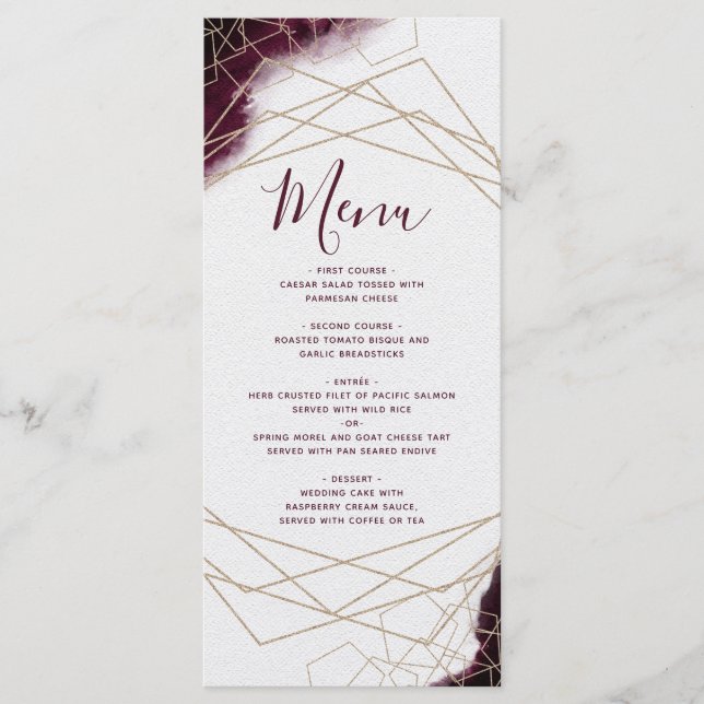 Menu de mariage géométrique à l'aquarelle de Bourg (Devant)