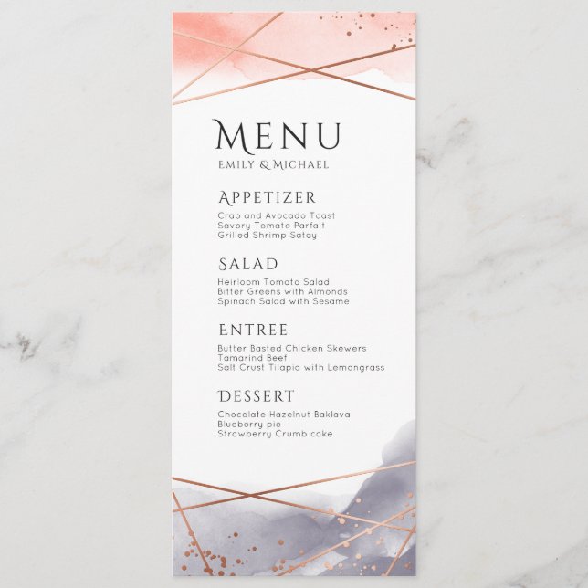 Menu de mariage géométrique aquarelle Rose Gold Da (Devant)