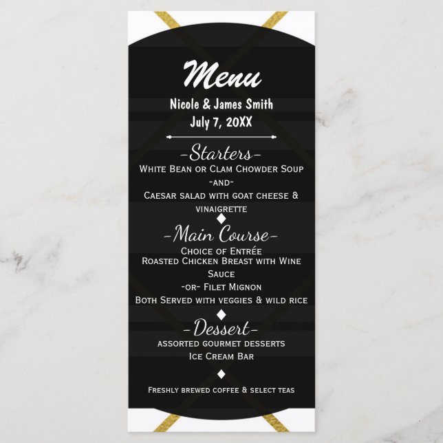 Menu de mariage géométrique chic et glamour noir e (Devant)