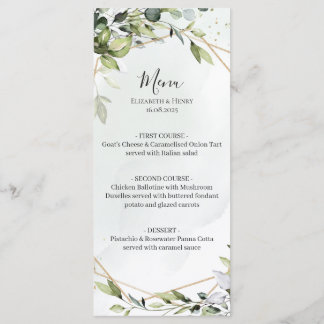 Menu de mariage géométrique eucalyptus or vert sau