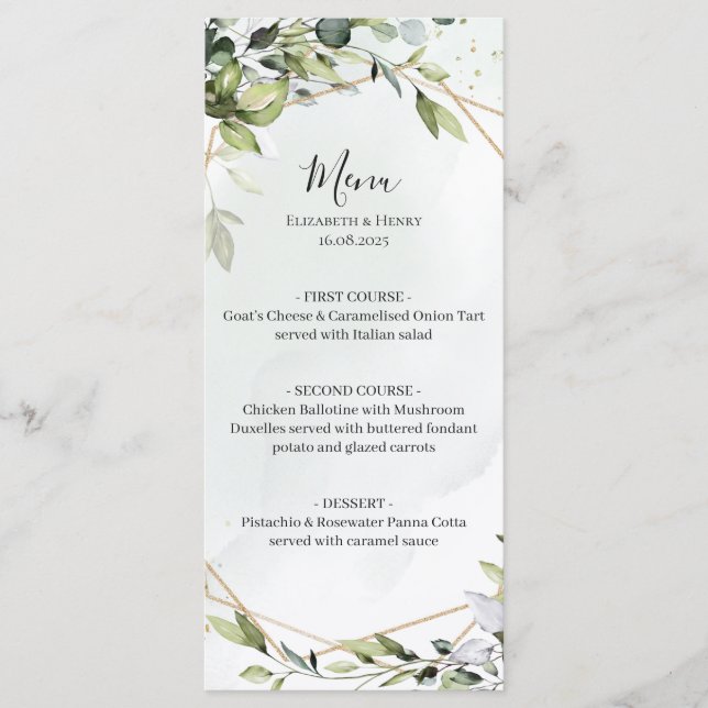 Menu de mariage géométrique eucalyptus or vert sau (Devant)