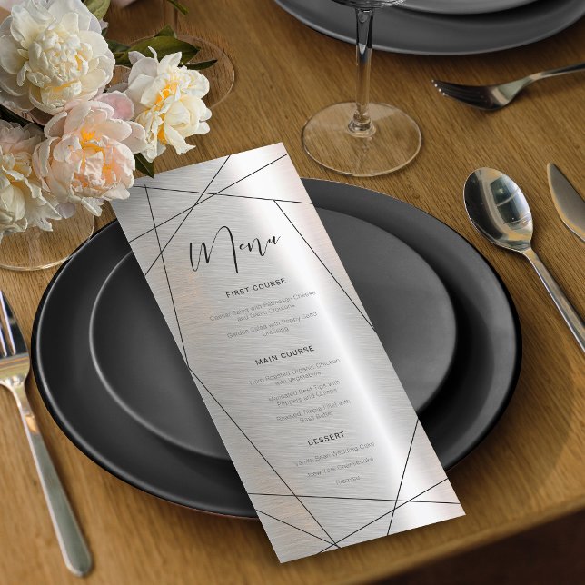 Menu de mariage géométrique métallique Argent/Noir (Créateur téléchargé)