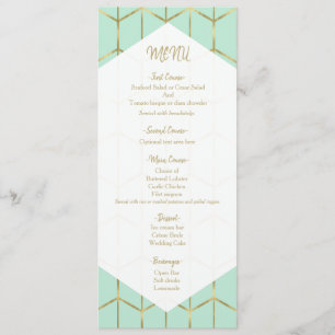 Menu de mariage géométrique or vert menthe en hexa