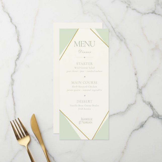 Menu de mariage géométrique vert sauge élégant (Devant/Arrière en situation)