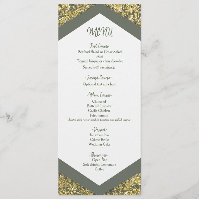 Menu de mariage glamour avec paillettes dorées et  (Devant)
