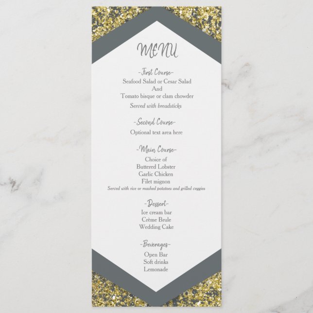 Menu de mariage glamour paillettes grises et dorée (Devant)