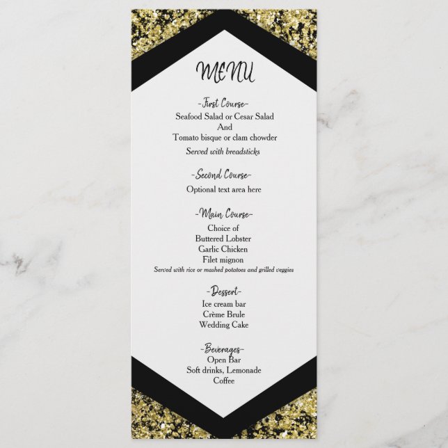 Menu de mariage glamour paillettes noir et or chic (Devant)