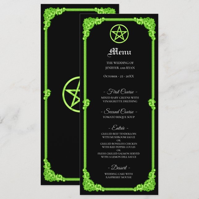 Menu de mariage gothique à l'éclat vert ensorcelé (Devant / Derrière)