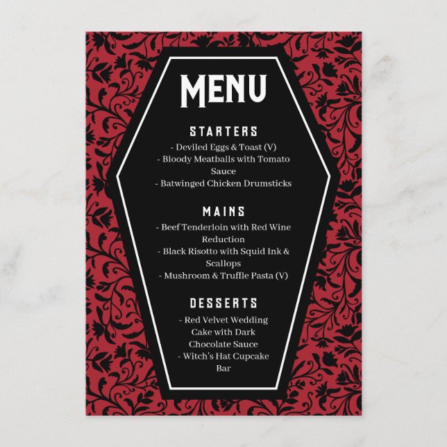 Menu de mariage gothique Cercueils & Fleurs (Devant)