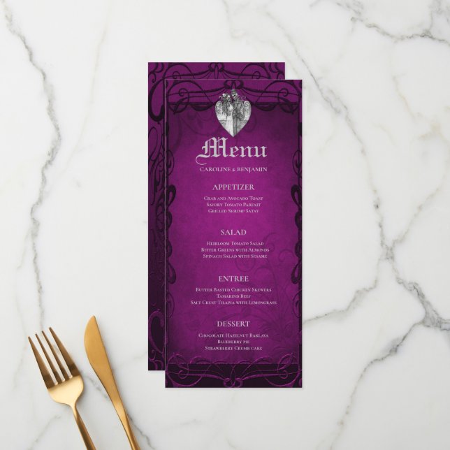 Menu de mariage gothique élégant d'Halloween (Devant/Arrière en situation)