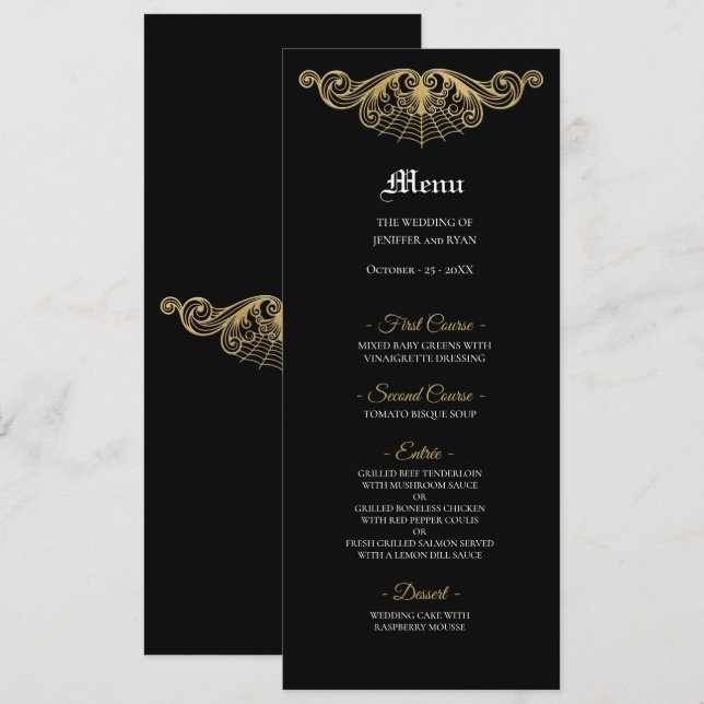 Menu de mariage gothique élégant noir et or (Devant / Derrière)