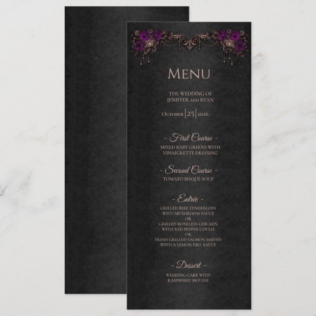 Menu de mariage gothique floral élégant Halloween (Devant / Derrière)