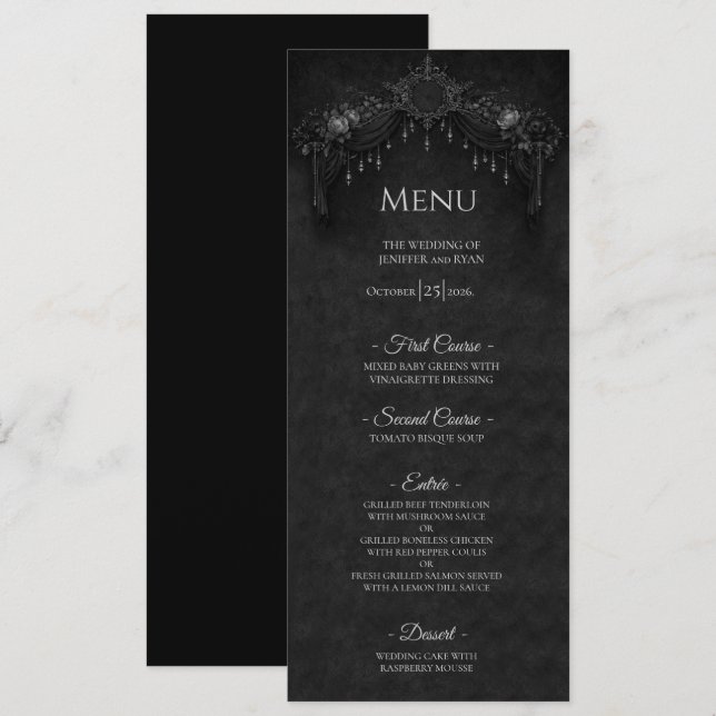 Menu de mariage gothique floral élégant Halloween (Devant / Derrière)