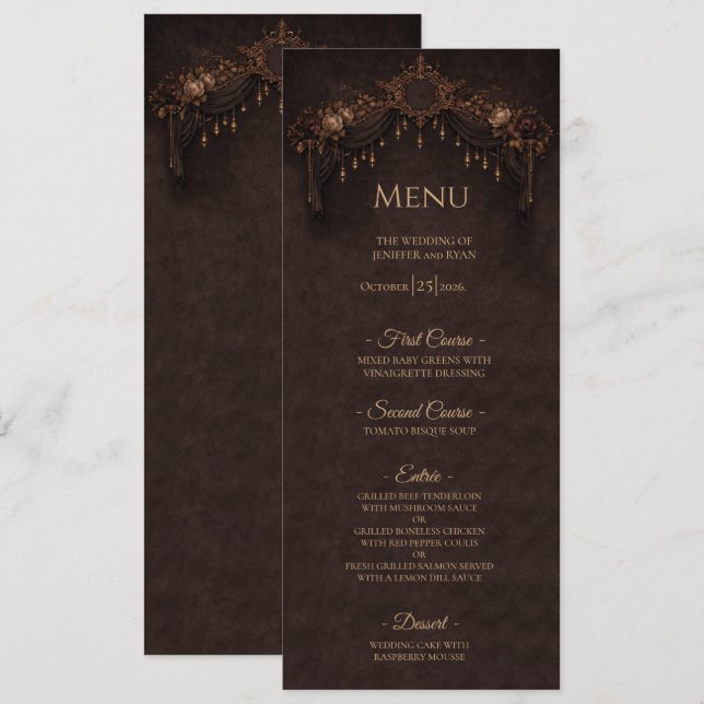 Menu de mariage gothique floral élégant Halloween (Devant / Derrière)