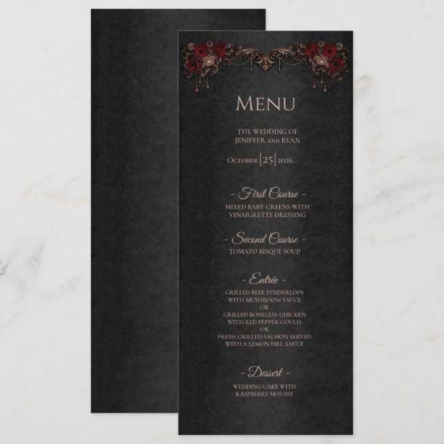 Menu de mariage gothique floral élégant Halloween (Devant / Derrière)