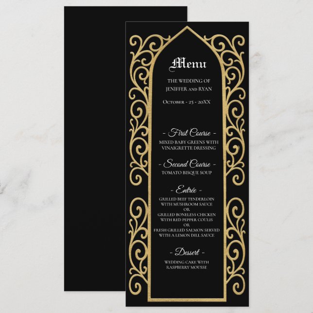 Menu de mariage gothique noir et or avec bordure o (Devant / Derrière)