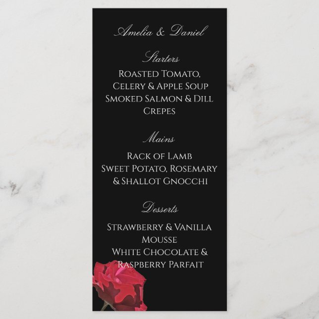 Menu de mariage gothique rose rouge sur fond noir (Devant)