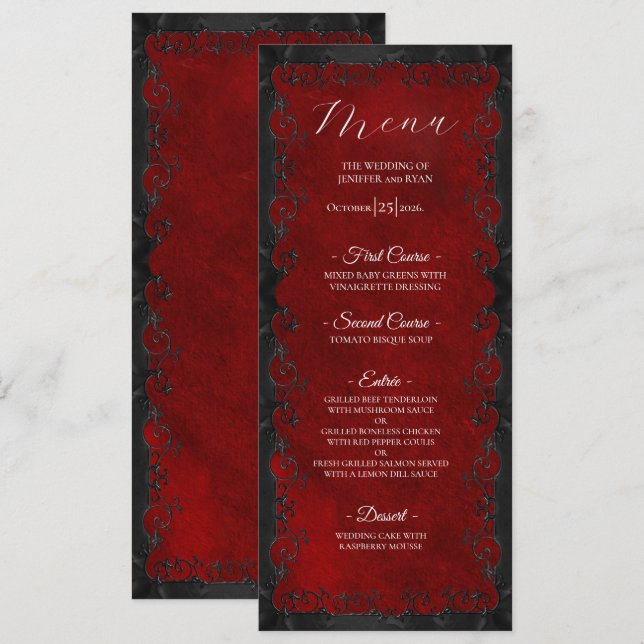 Menu de mariage gothique rouge élégant (Devant / Derrière)