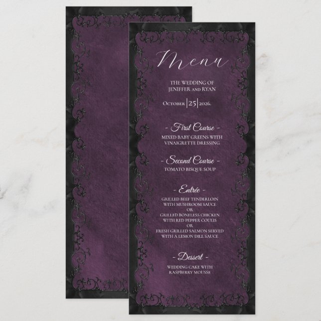 Menu de mariage gothique violet élégant (Devant / Derrière)