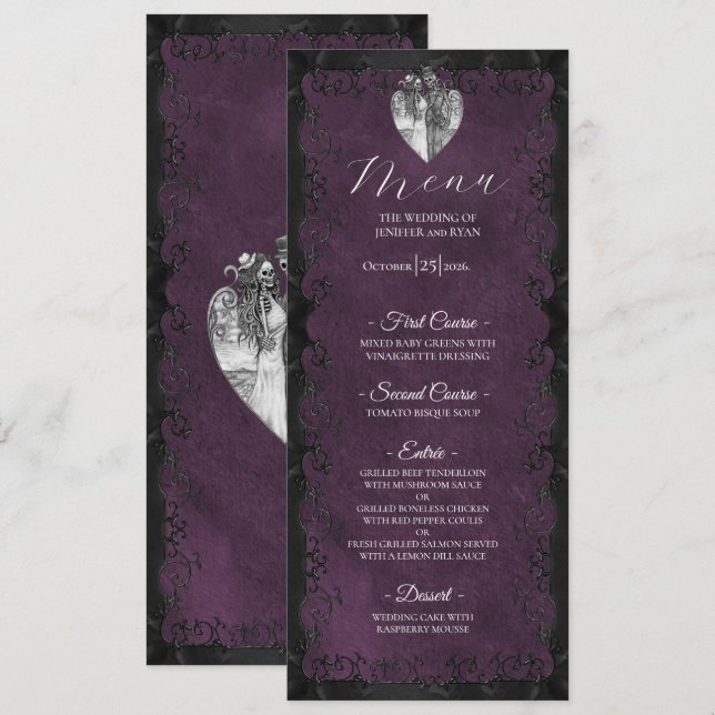 Menu de mariage gothique violet élégant (Devant / Derrière)
