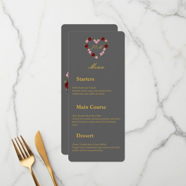 Menu de mariage gris à coeur florral (Devant/Arrière en situation)
