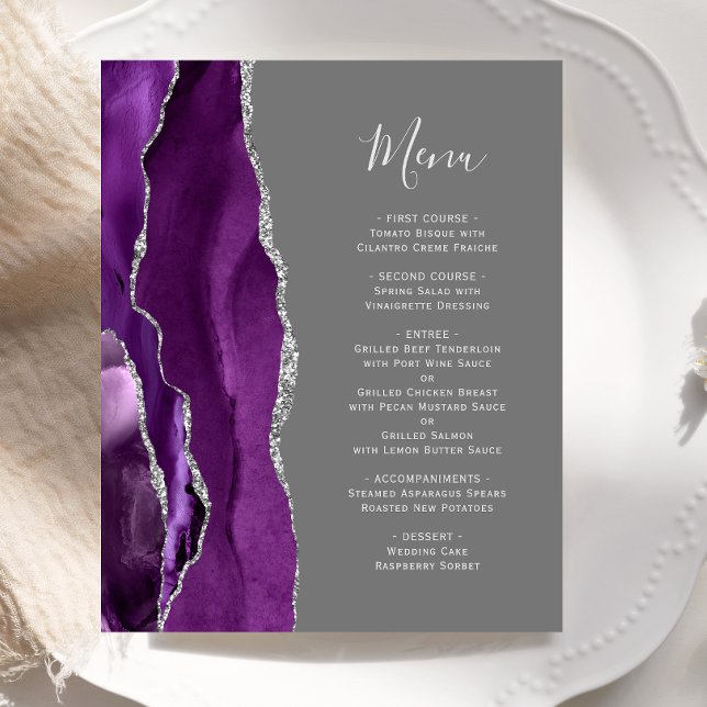 Menu de mariage gris argenté agate violet budget (Créateur téléchargé)