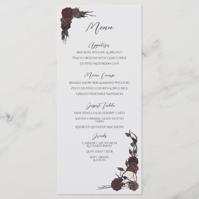 Menu de mariage gris clair floral gothique doux (Devant)