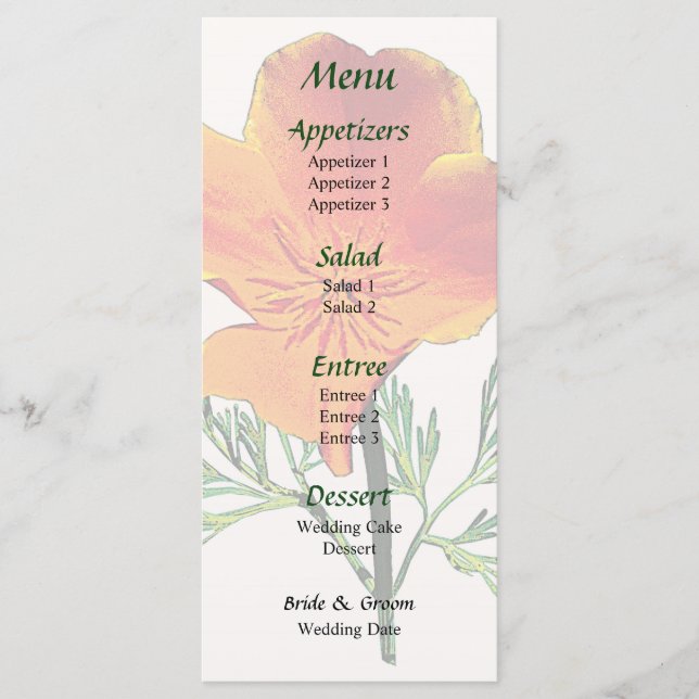 Menu de mariage gros plan sur le pavot de Californ (Devant)