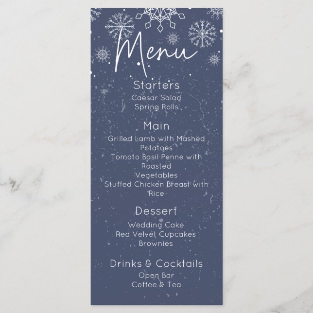Menu de mariage hivernal élégant à motif flocon de (Devant)